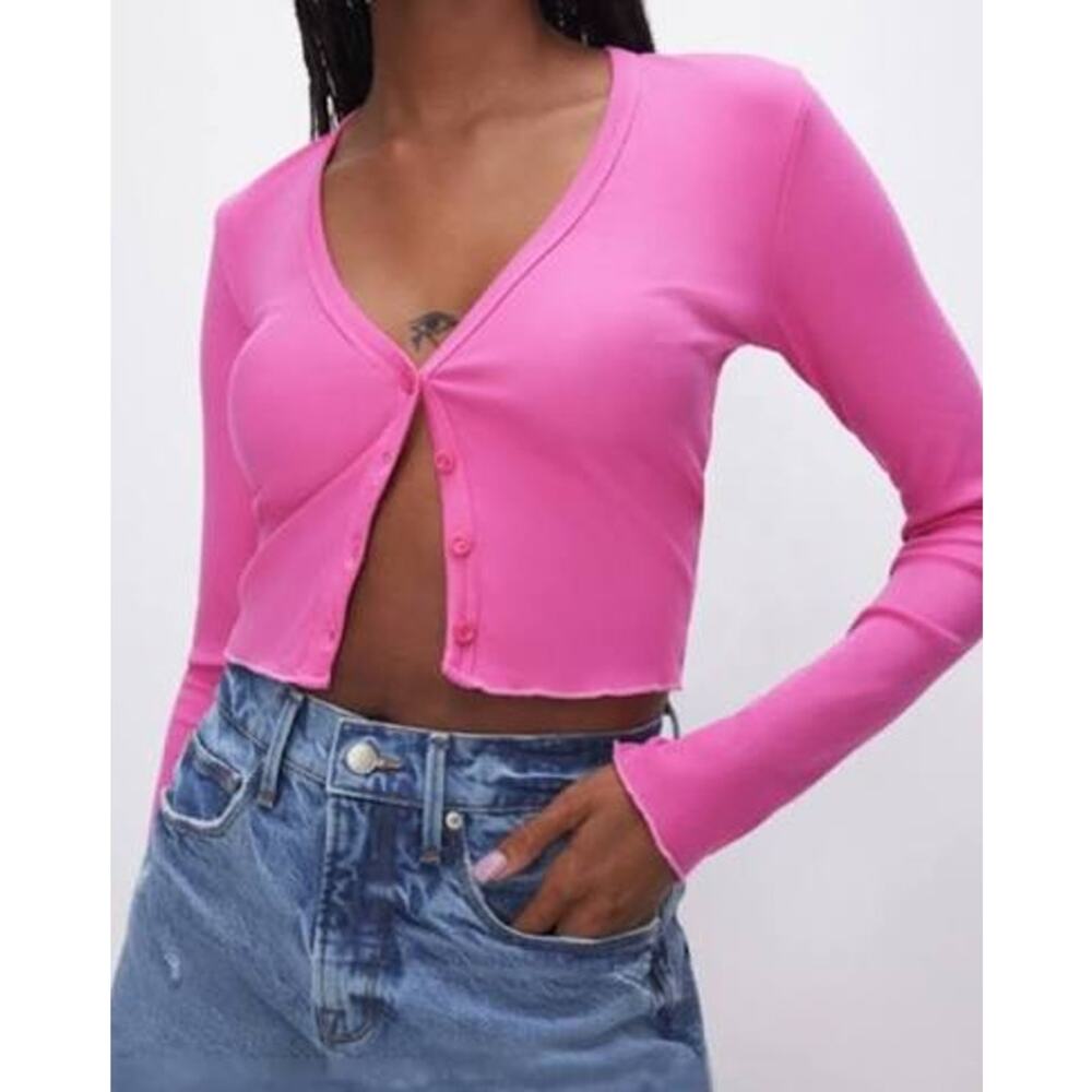 Good American Micro Rib Cardigan Pink Cropped Button Front Size 4 NWOT